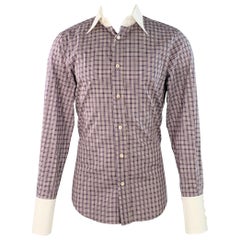 DSQUARED2 Size 40 White Navy Brown Plaid Cotton Contrast Trim Long Sleeve Shirt (Chemise à manches longues en coton à bordures contrastées)