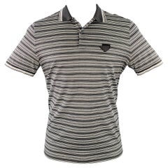 PRADA Taille M Polo boutonné en coton piqué à rayures grises et blanches