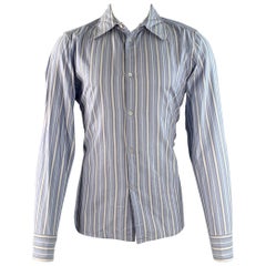 PRADA Size M Blue White Brown Stripe Jacquard Cotton Blend Long Sleeve Shirt (Chemise à manches longues en coton mélangé)