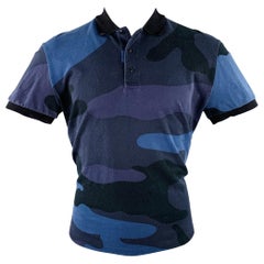 VALENTINO Size M Black Blue Camouflage Cotton Buttoned Polo