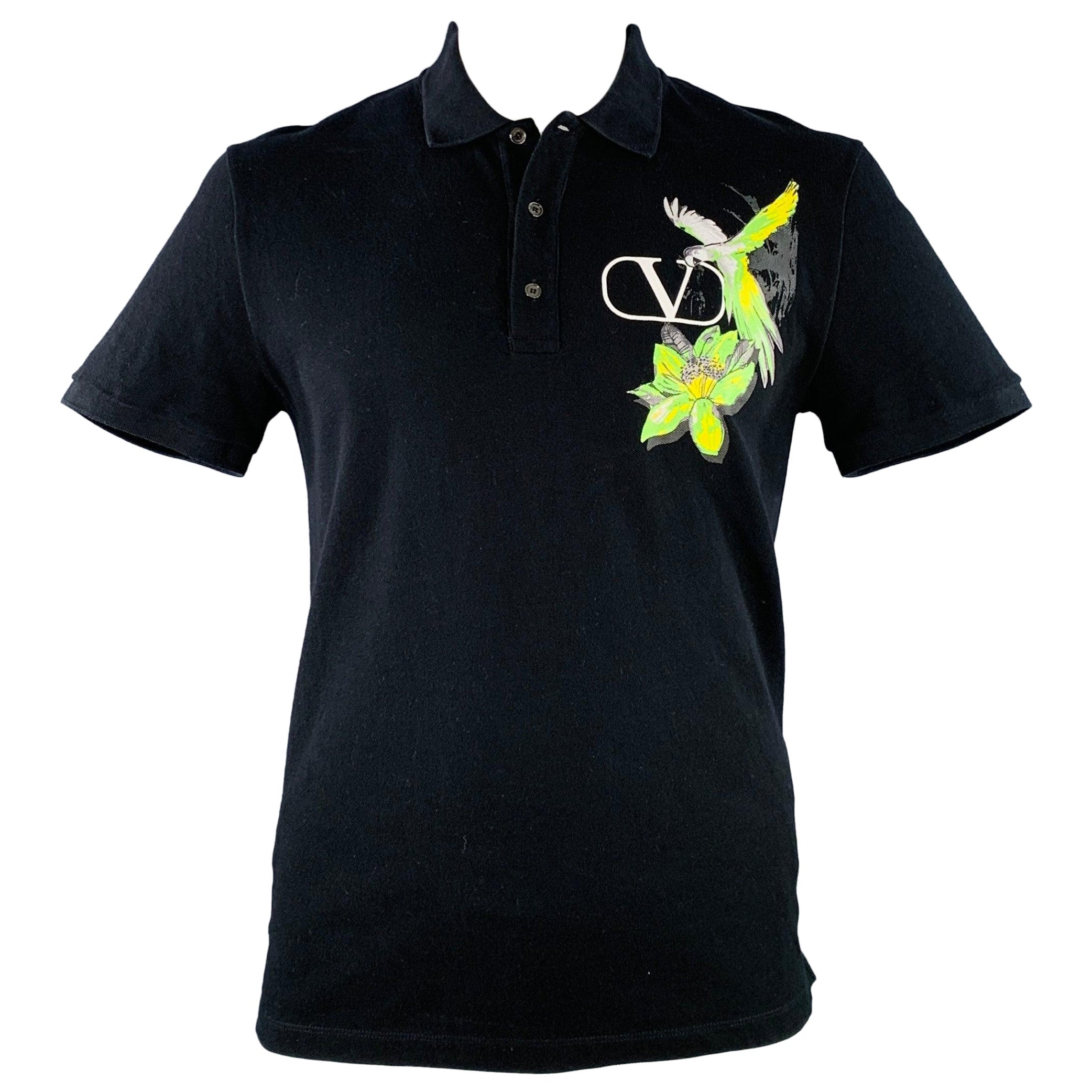 VALENTINO 2020 Size L Black Green Yellow Parrot Graphic Cotton Buttoned Polo en vente