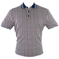 VALENTINO Size M Navy White Monogram Cotton Pique Buttoned Polo