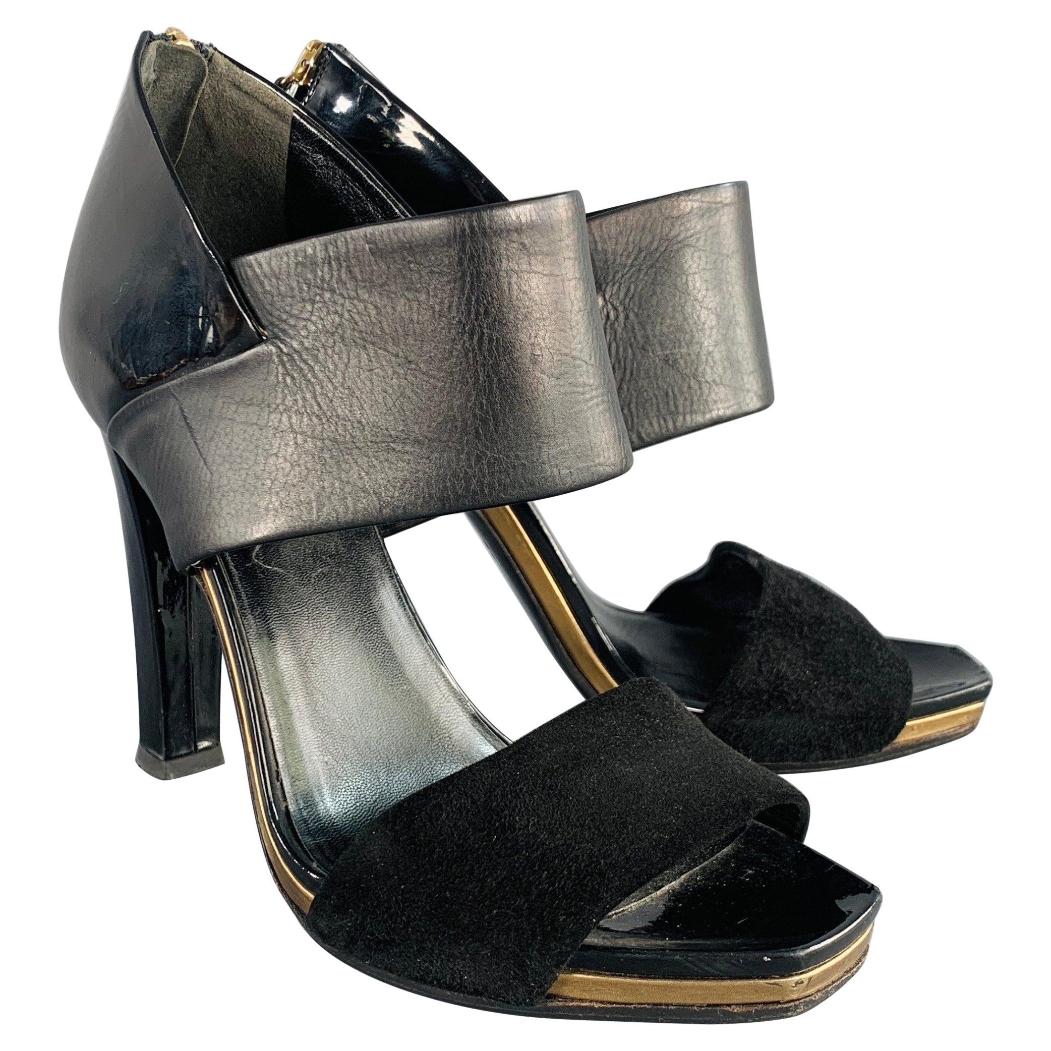 GUCCI Size 8.5 Black Gold Suede Patent Leather Ankle Sandals For Sale