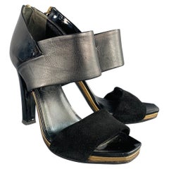 GUCCI Size 8.5 Black Gold Suede Patent Leather Ankle Sandals