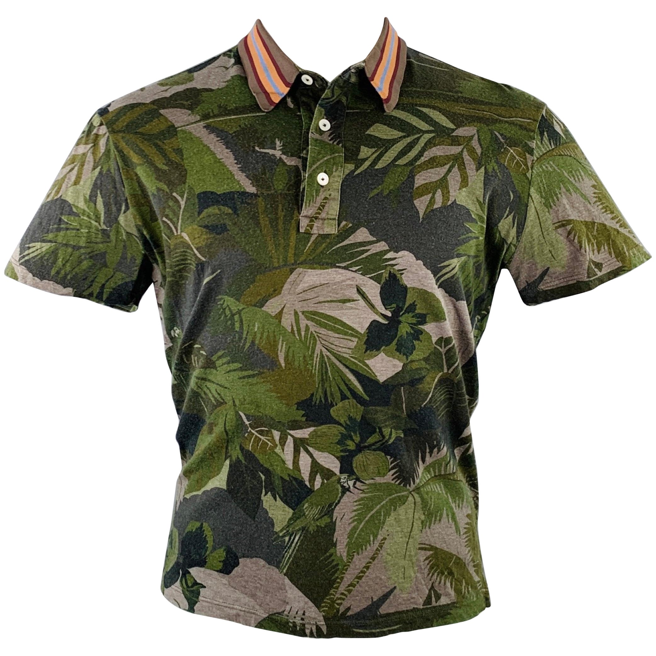 VALENTINO Taille M Greene Black Grey Leaves Cotton Buttoned Polo en vente