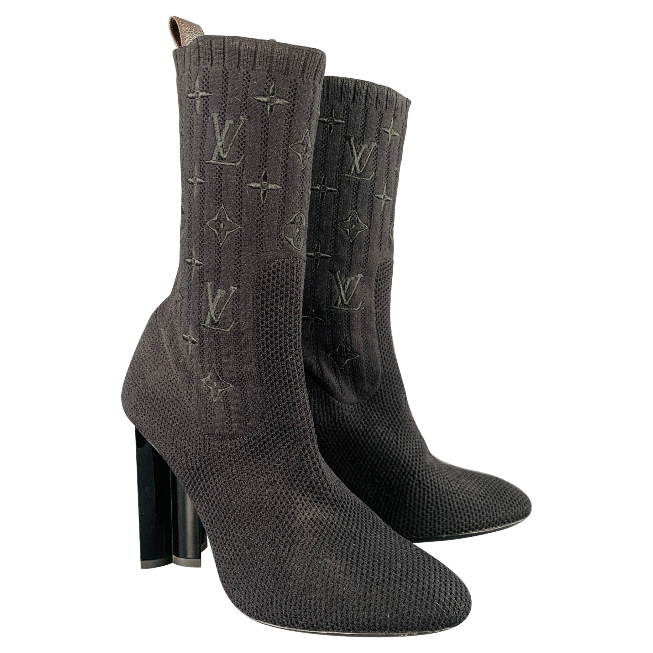 LOUIS VUITTON Size 9 Black Nylon Knit Monogram Chunky Heel Sock Boots For Sale