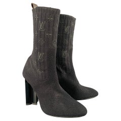 LOUIS VUITTON Size 9 Black Nylon Knit Monogram Chunky Heel Sock Boots