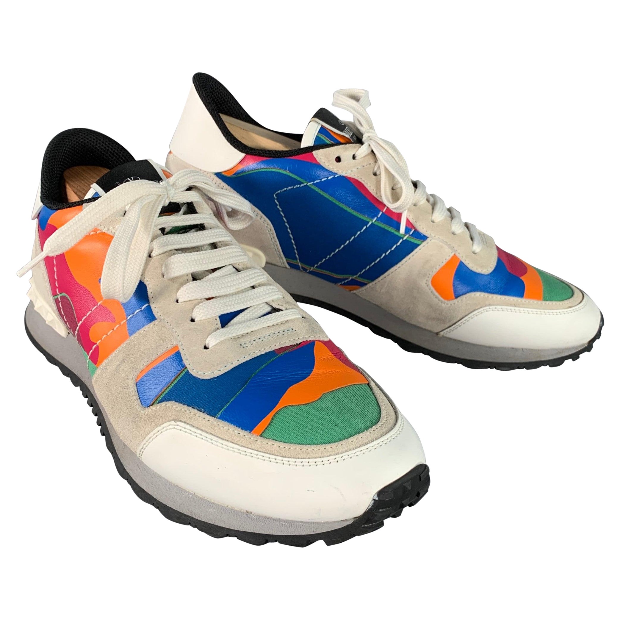 VALENTINO Size 10 White Multi Color Camo Leather Lace-Up Sneakers en vente