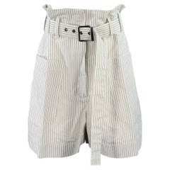 Brunello Cucinelli Size 8 White Black Cotton Linen Pinstripe Wide Leg Belted Shorts