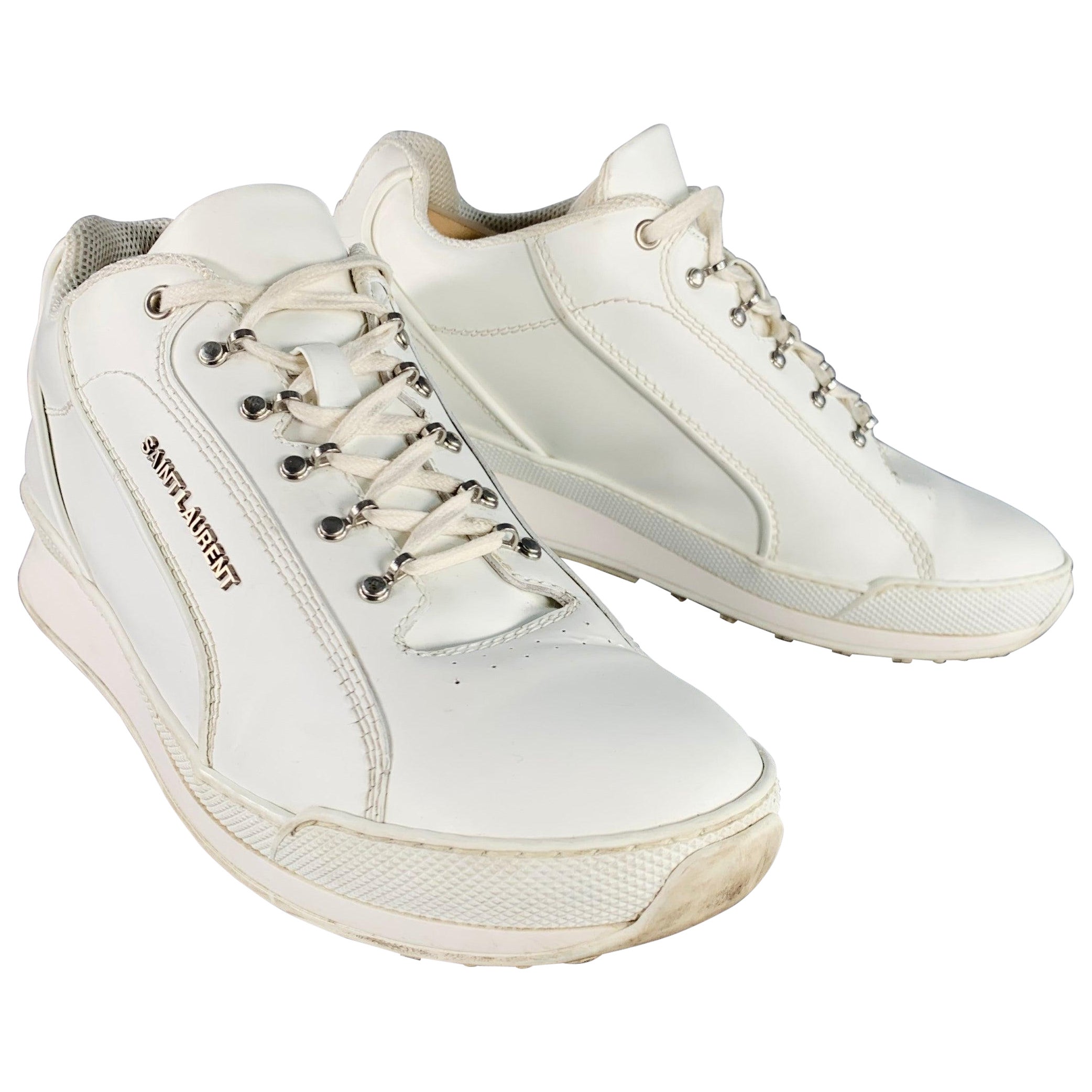 SAINT LAURENT Size 9 White Leather Lace-Up Low Top Sneakers en vente
