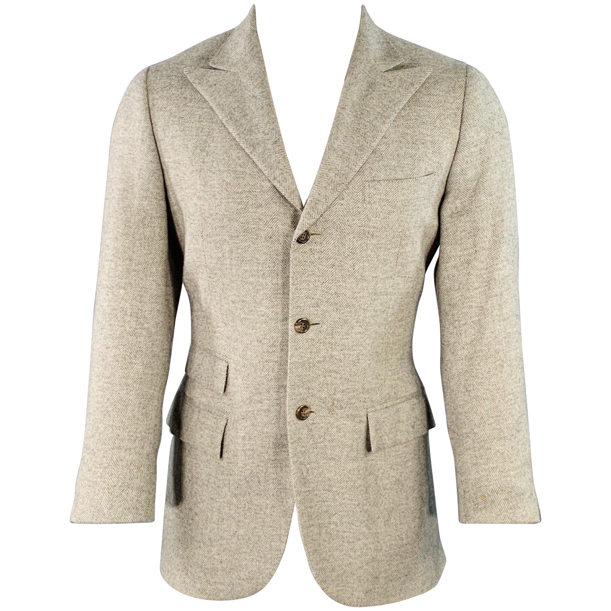 RALPH LAUREN Size 38 Regular Grey Light Grey Herringbone Camel Hair Sport Coat For Sale