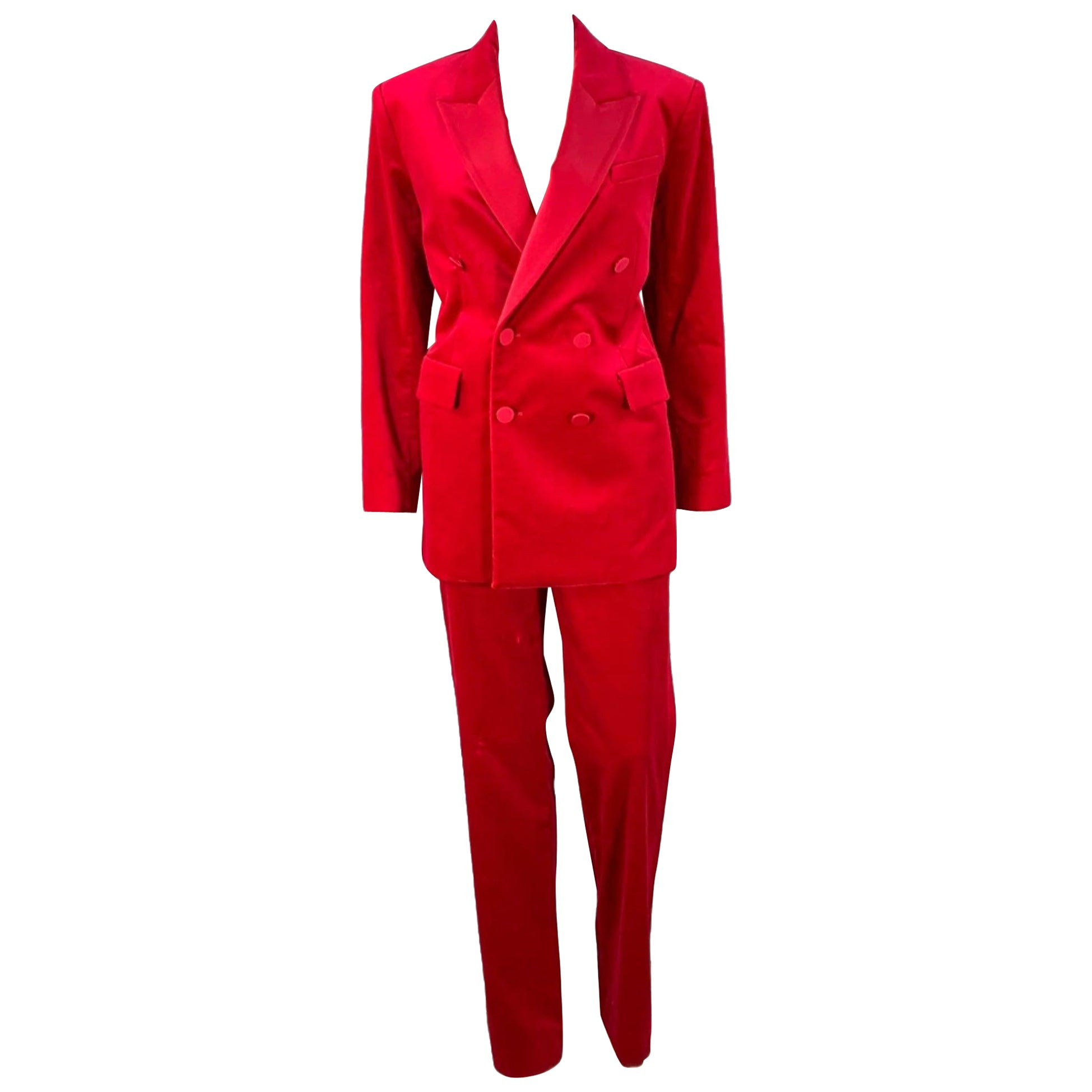 A.L.C. Size 6 Raspberry Red Velvet Peak Lapel Double Breasted Pantsuit For Sale