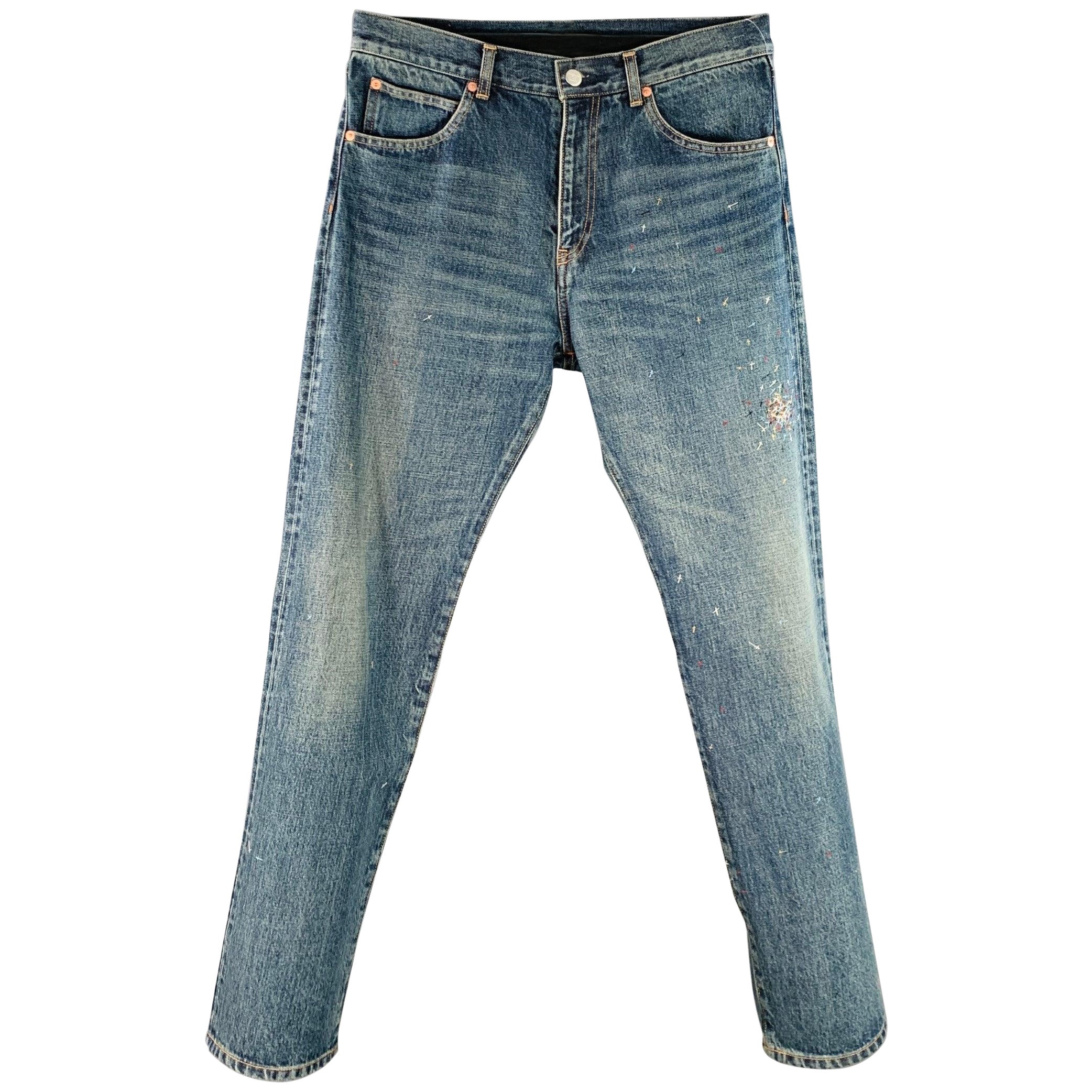 UNDERCOVER Größe 32 Blau Mehrfarbige Stickerei Baumwolle Relaxed Drop-Crotch Jeans im Angebot