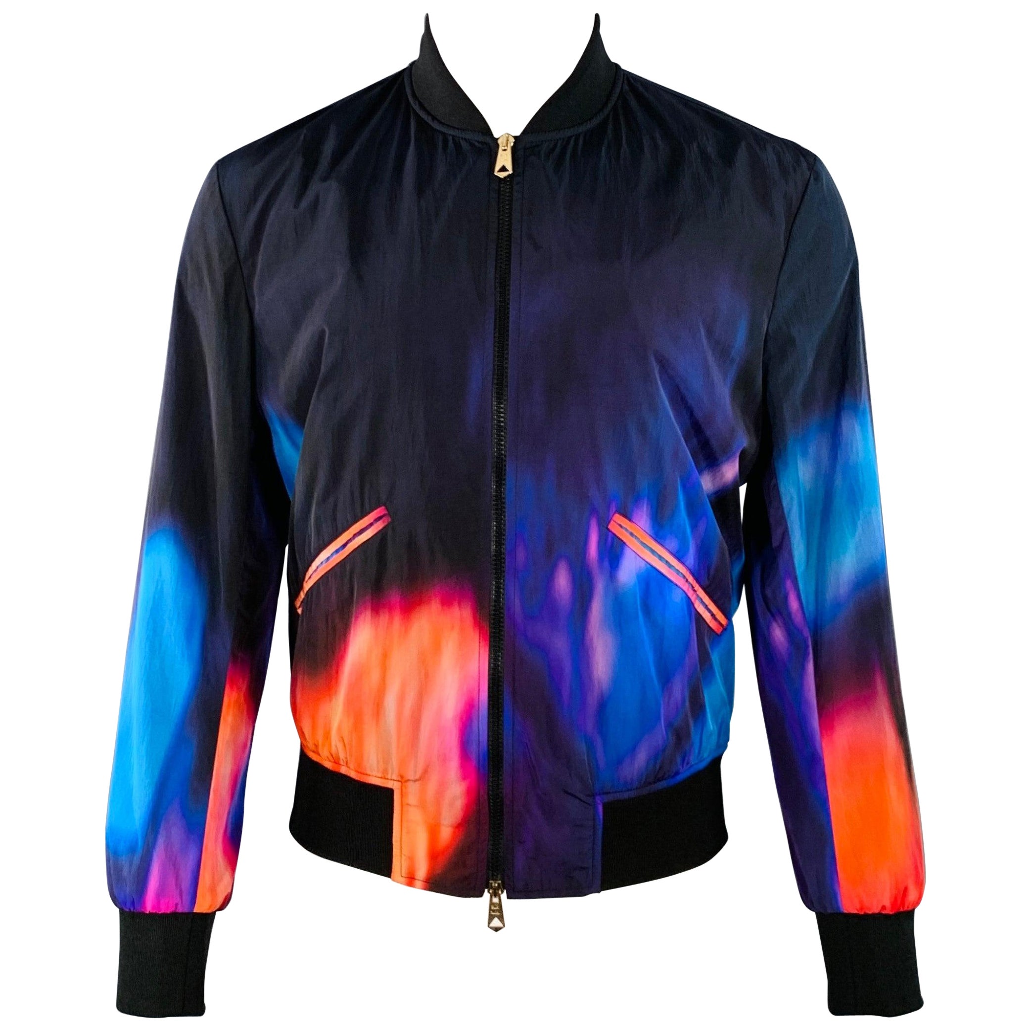 PAUL SMITH Size M Abstract Fire Black Multi Color Nylon Bomber Jacket For Sale