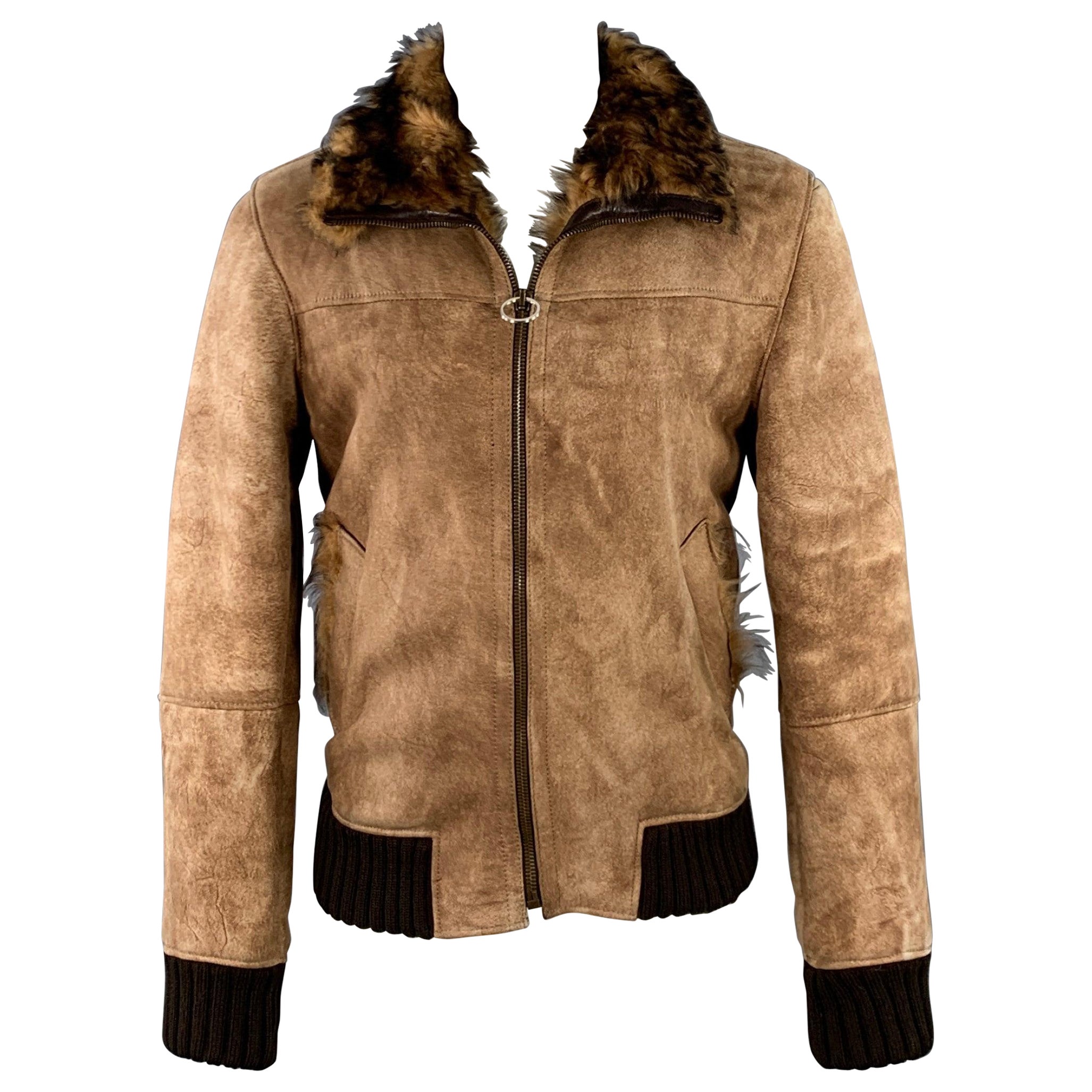 DOLCE & GABBANA Size 40 Brown Distressed Deerskin Leather Shearling Zip Up Jacket For Sale