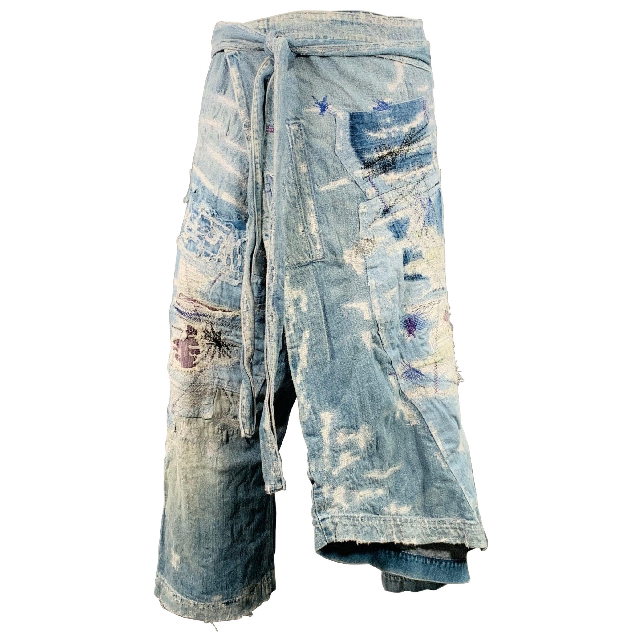 KAPITAL KOUNTRY Pantalones casuales de entrepierna de algodón desgastado azul y blanco en talla L Crash Reissue en venta