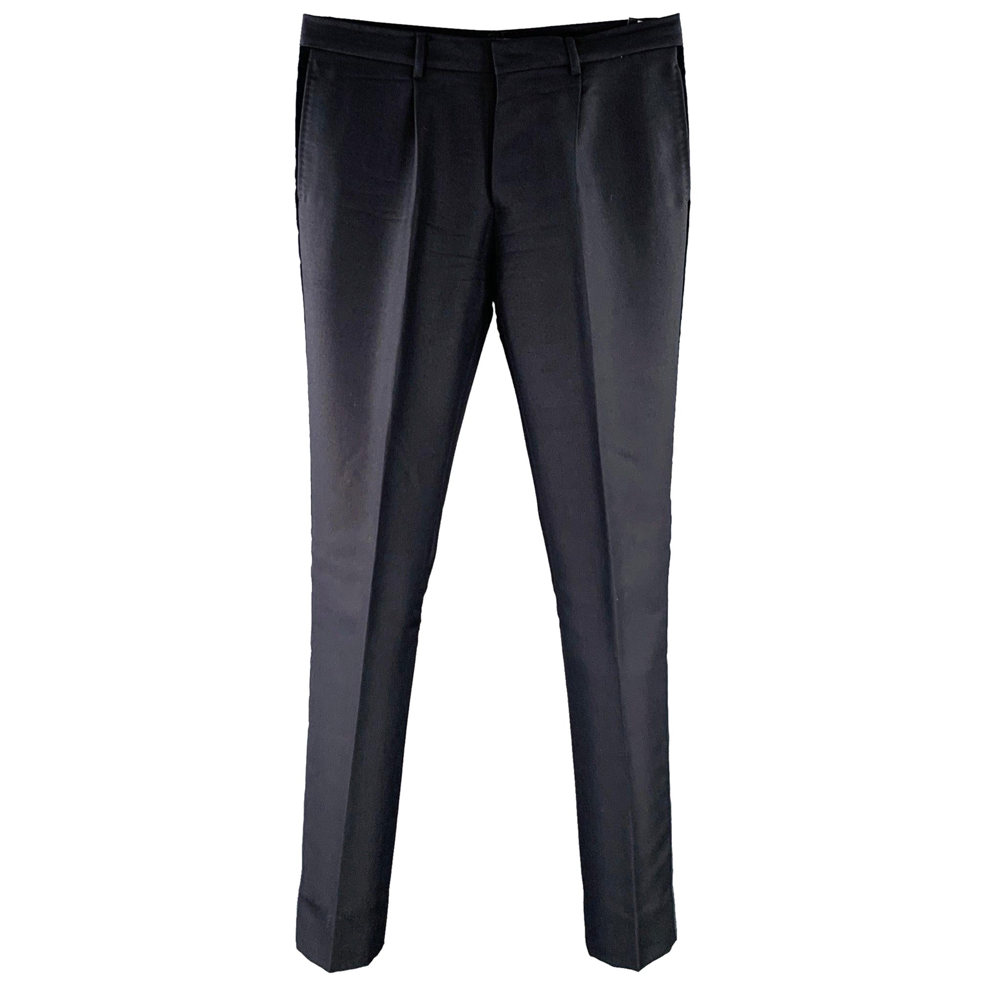 VALENTINO Size 32 Navy Wool Mohair Velvet Stripe Pleated Button Fly Dress Pants en vente