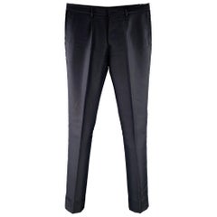 VALENTINO Size 32 Navy Wool Mohair Velvet Stripe Pleated Button Fly Dress Pants