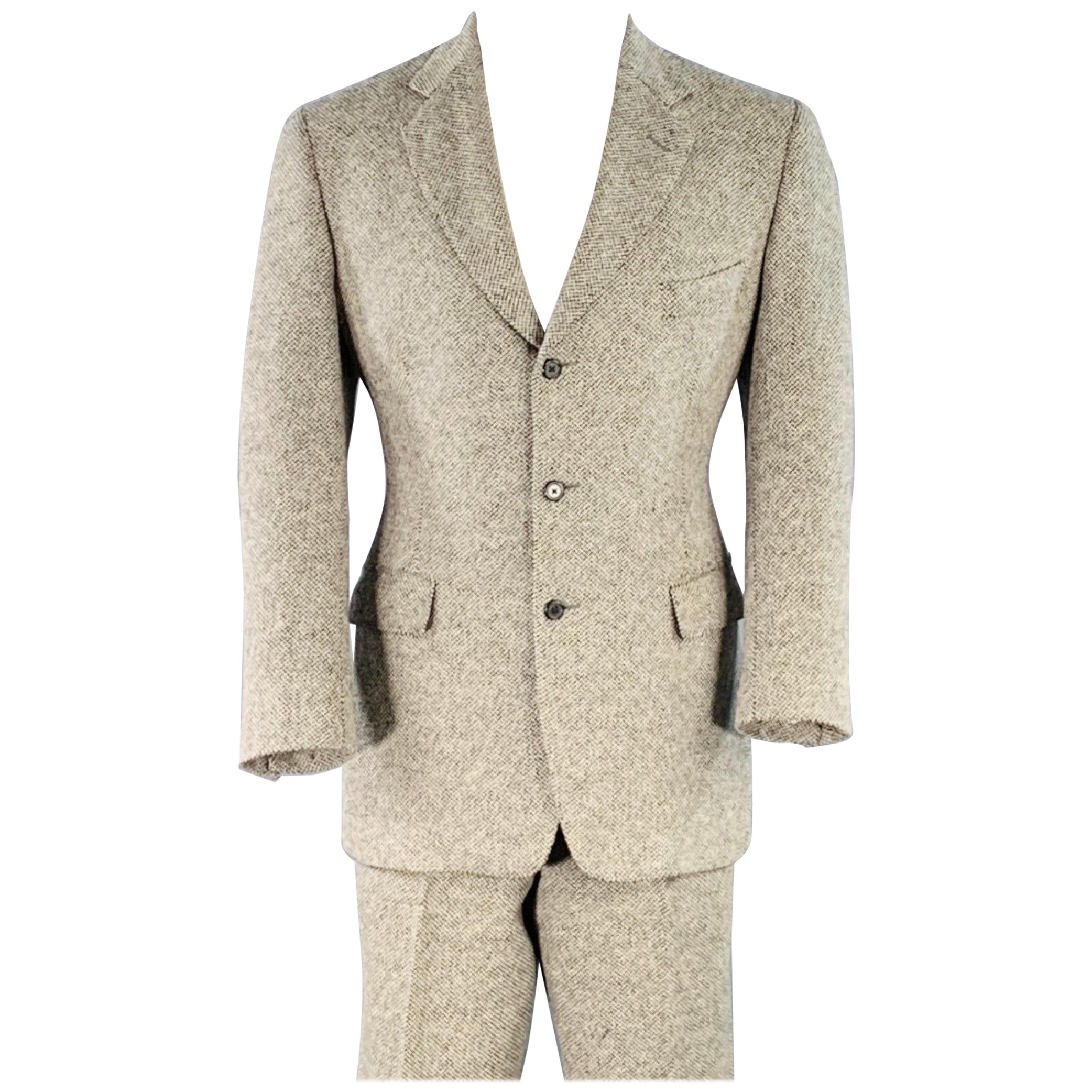 RALPH LAUREN Taille 38 Regular Costume en laine tweed noir beige à revers échancré en vente