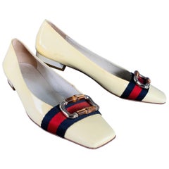 GUCCI Vintage Size 10 Vernice Beige Red Blue Patent Leather Web Bamboo Buckle Flats