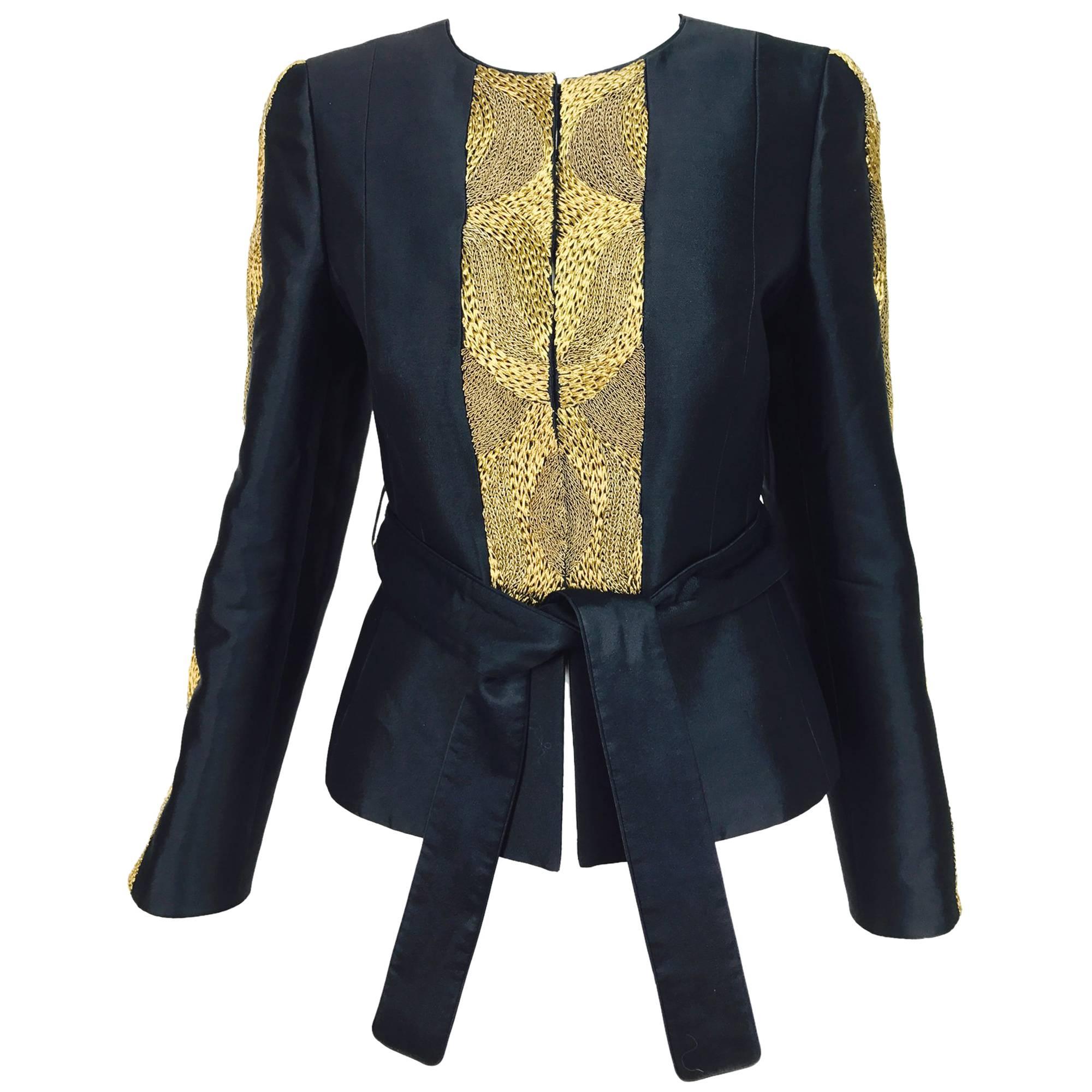 Rena Lange black wool and silk jacket with heavy gold cord embroidery 