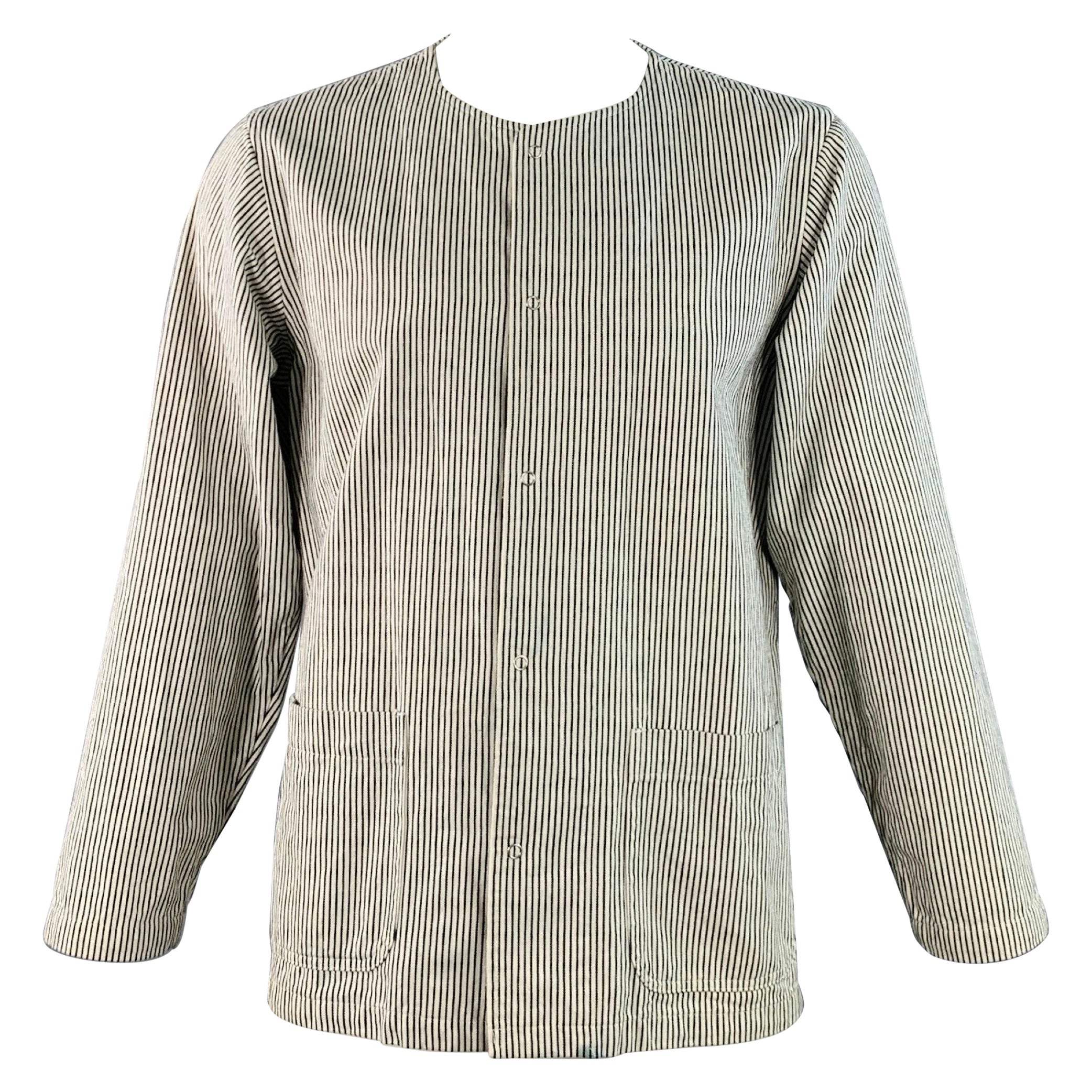 CHIMALA Size L White Black Stripe Cotton Two Pockets Collarless Jacket For Sale