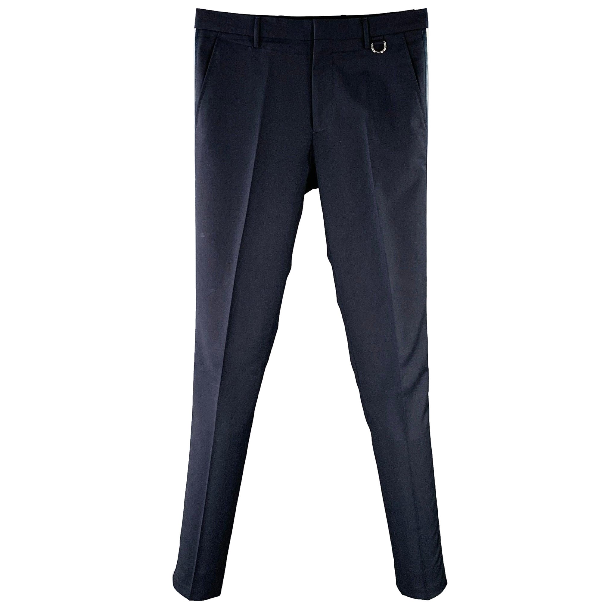 VALENTINO Size 30 Navy White Wool Mohair Tuxedo Stripes Zip Fly Dress Pants For Sale
