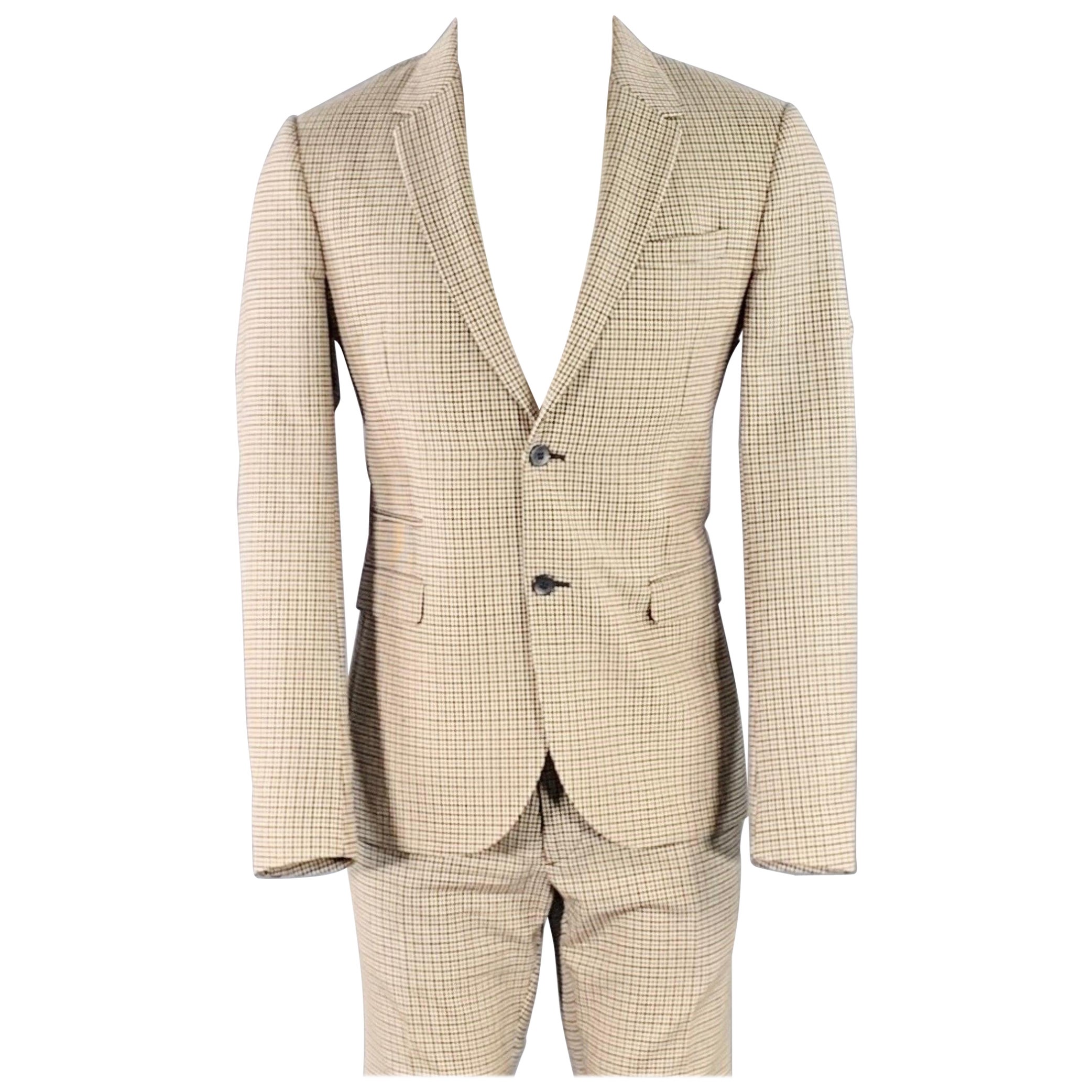 Valentino Taille 38 Tan Black White Plaid Wool Notch Lapel Suit en vente