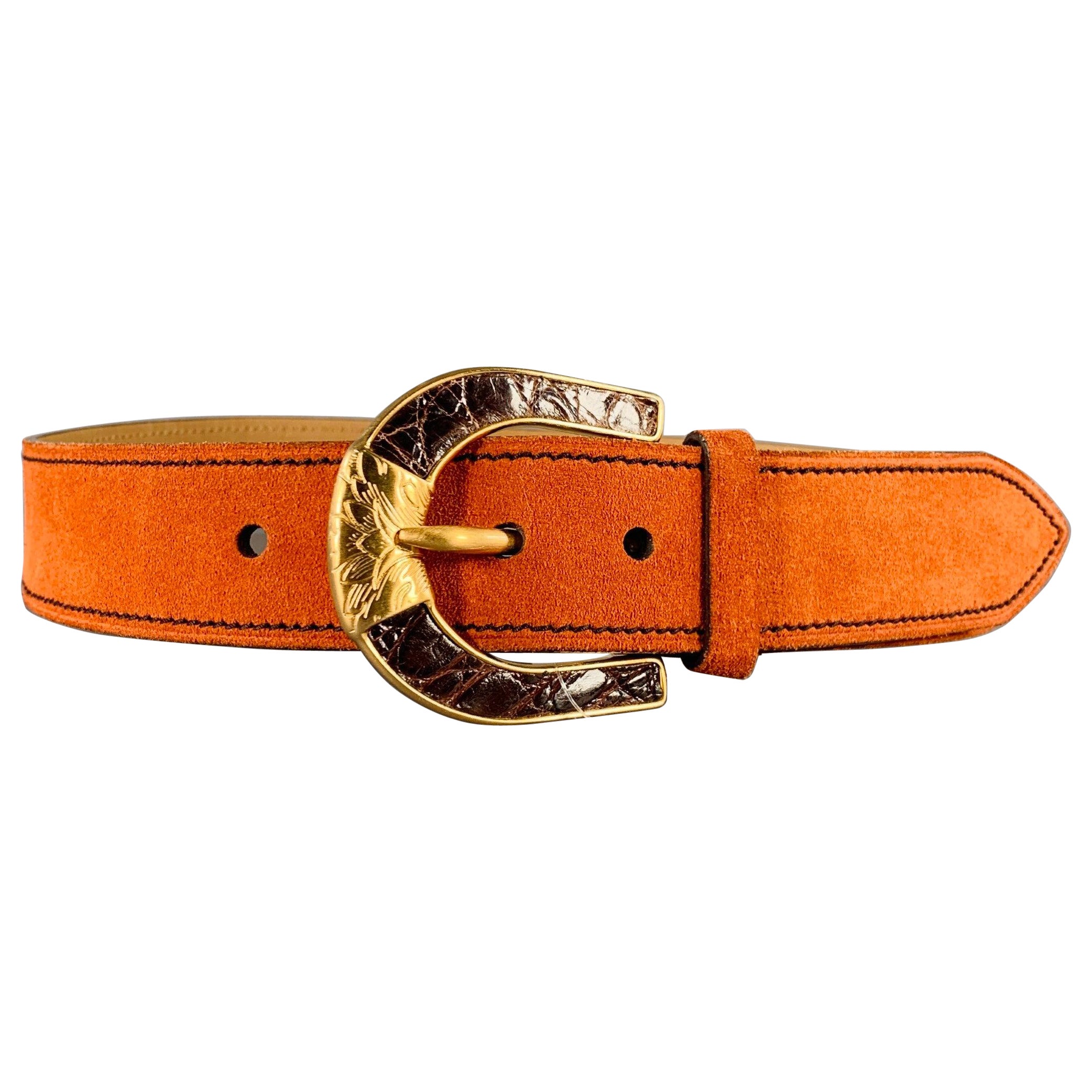 PRADA Taille 32 Ceinture en daim orange et or en vente