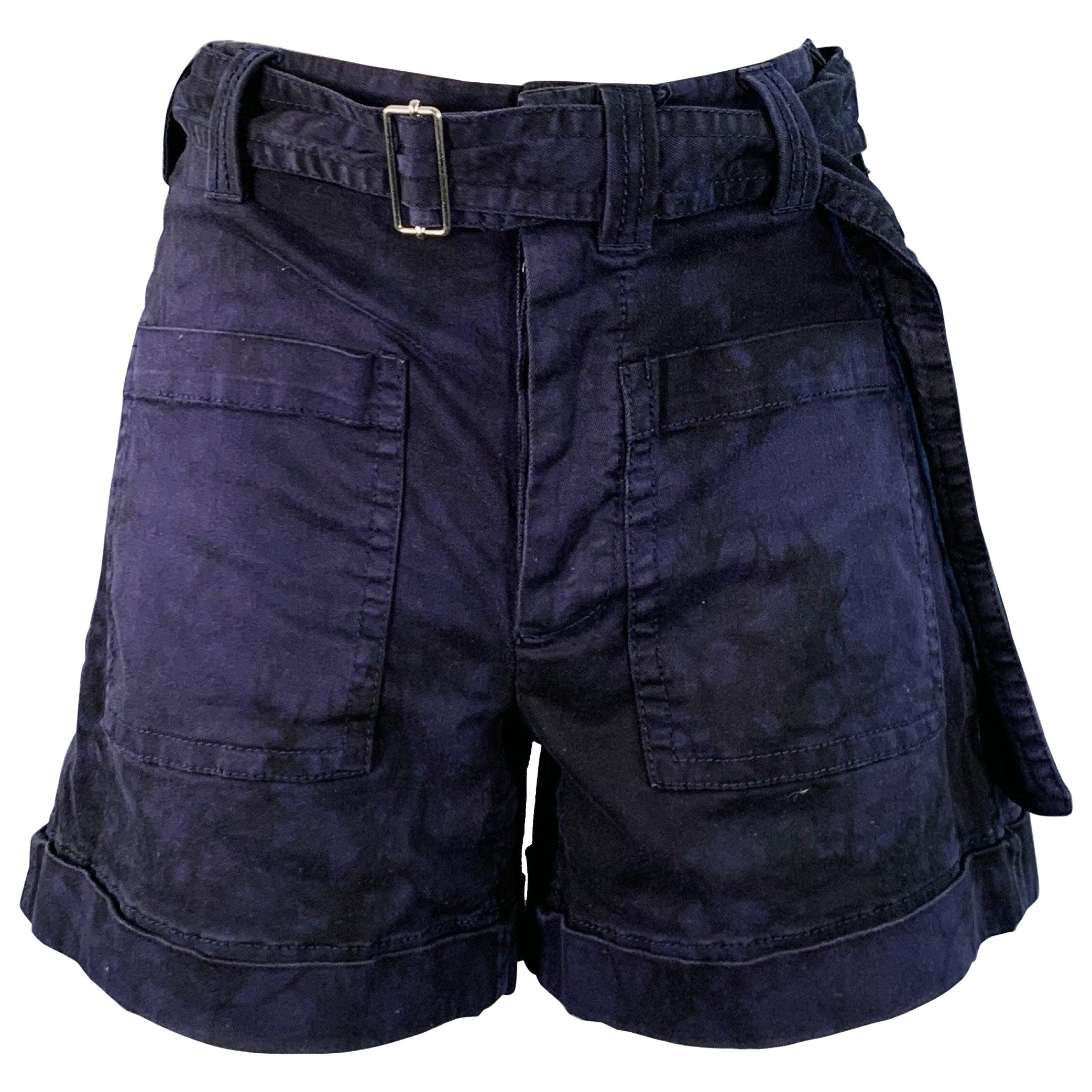 PROENZA SCHOULER Size 0 Navy Black Cotton Blend Marbled Belted Button Fly Shorts (short à ceinture et braguette à boutons) en vente