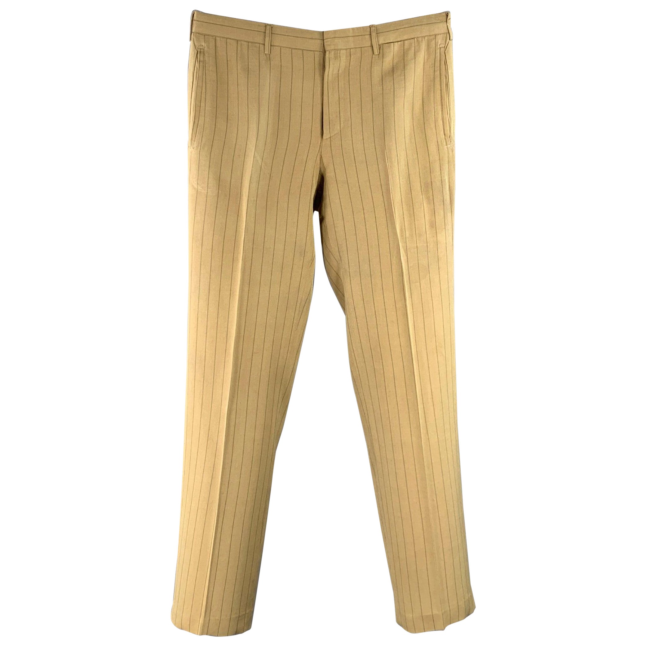 PRADA Size 32 Tan Brown Pinstripe Polyester Linen Button Fly Dress Pants For Sale