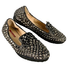 PRADA Size 7.5 Black Silver Leather Studded Flats