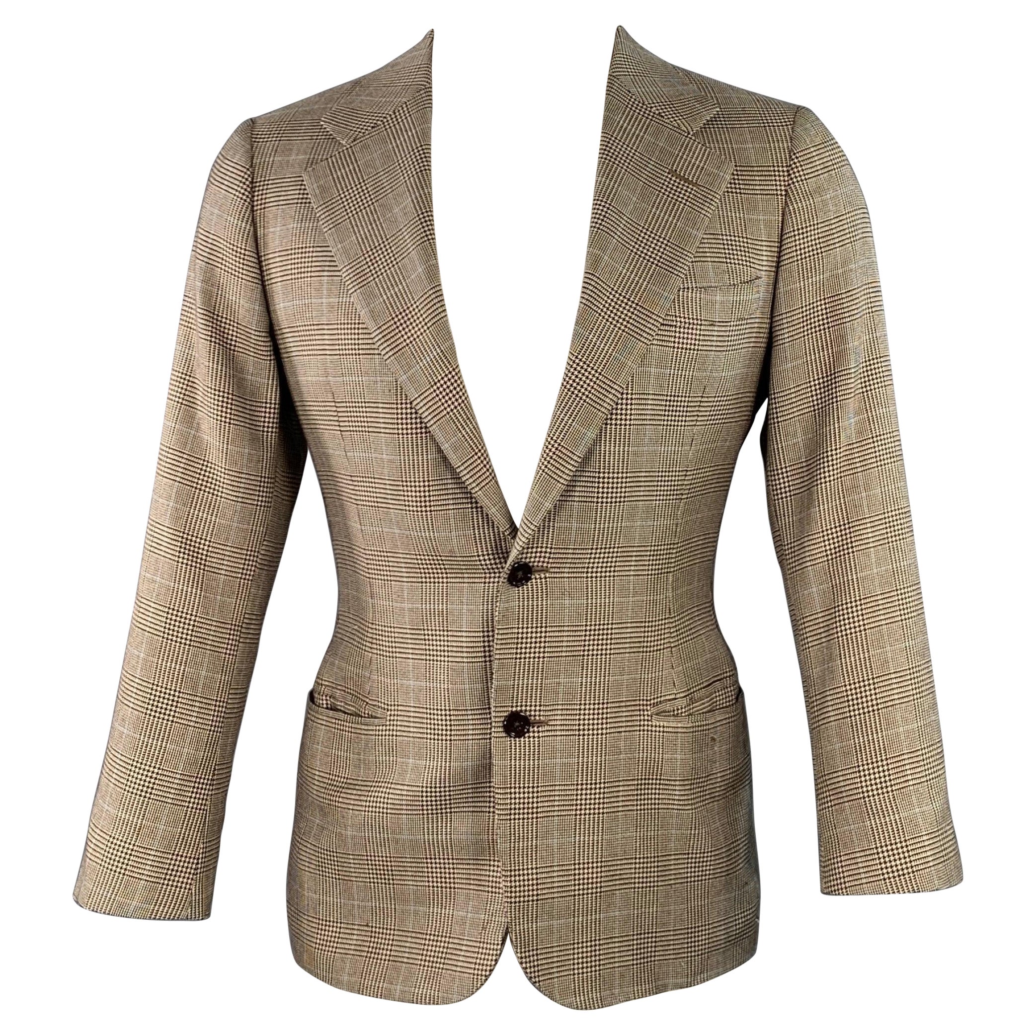 RALPH LAUREN Size 38 Regular Brown Beige Plaid Cashmere Silk Sport Coat For Sale