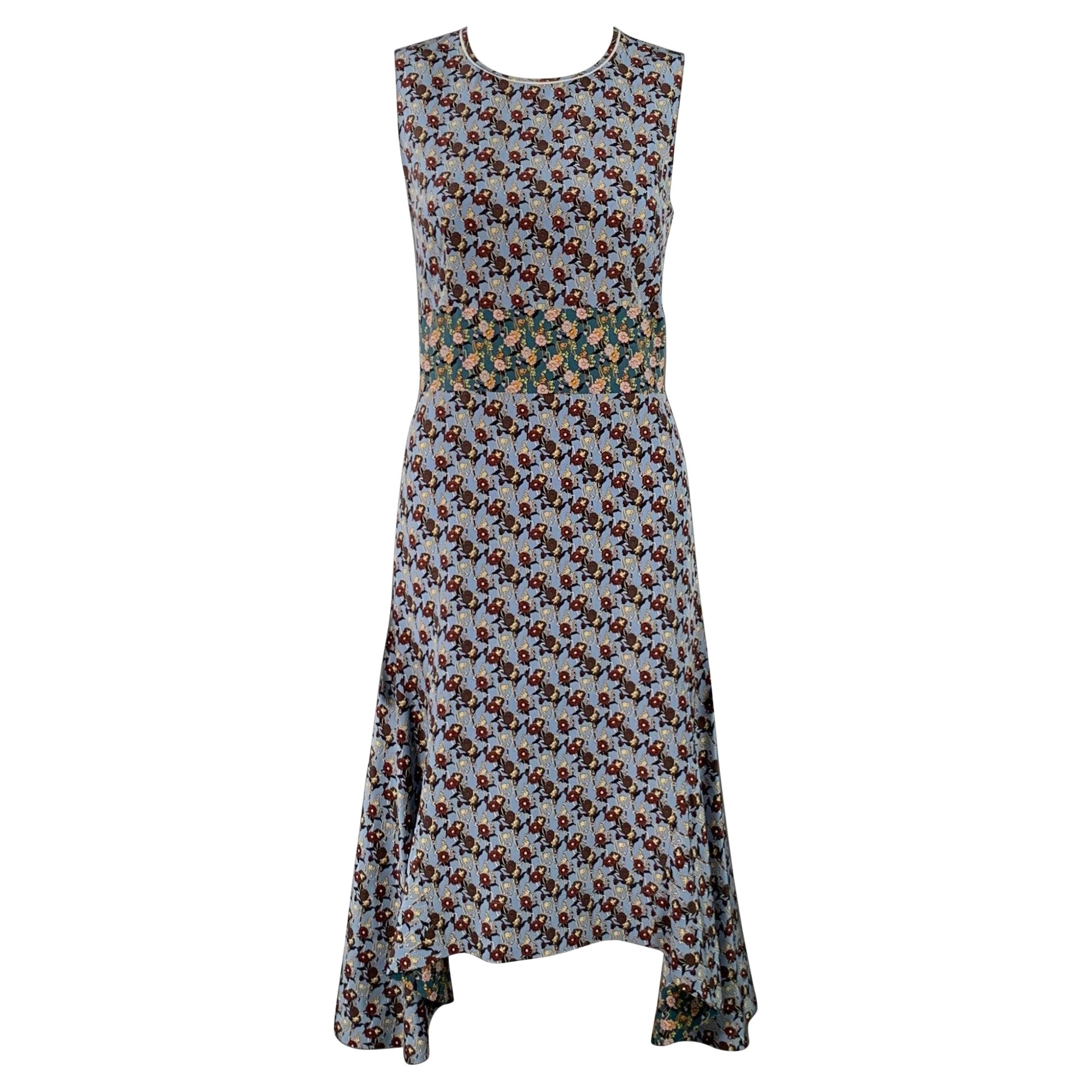 MARNI Size 0 Blue Multi Color Silk Floral Sleeveless Midi Dress For Sale