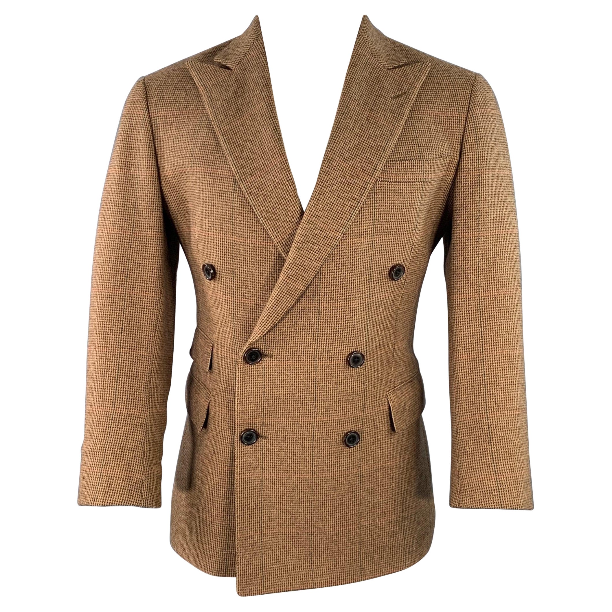 RALPH LAUREN Size 38 Regular Tan Brown Houndstooth Cashmere Peak Lapel Double Breasted Sport Coat For Sale