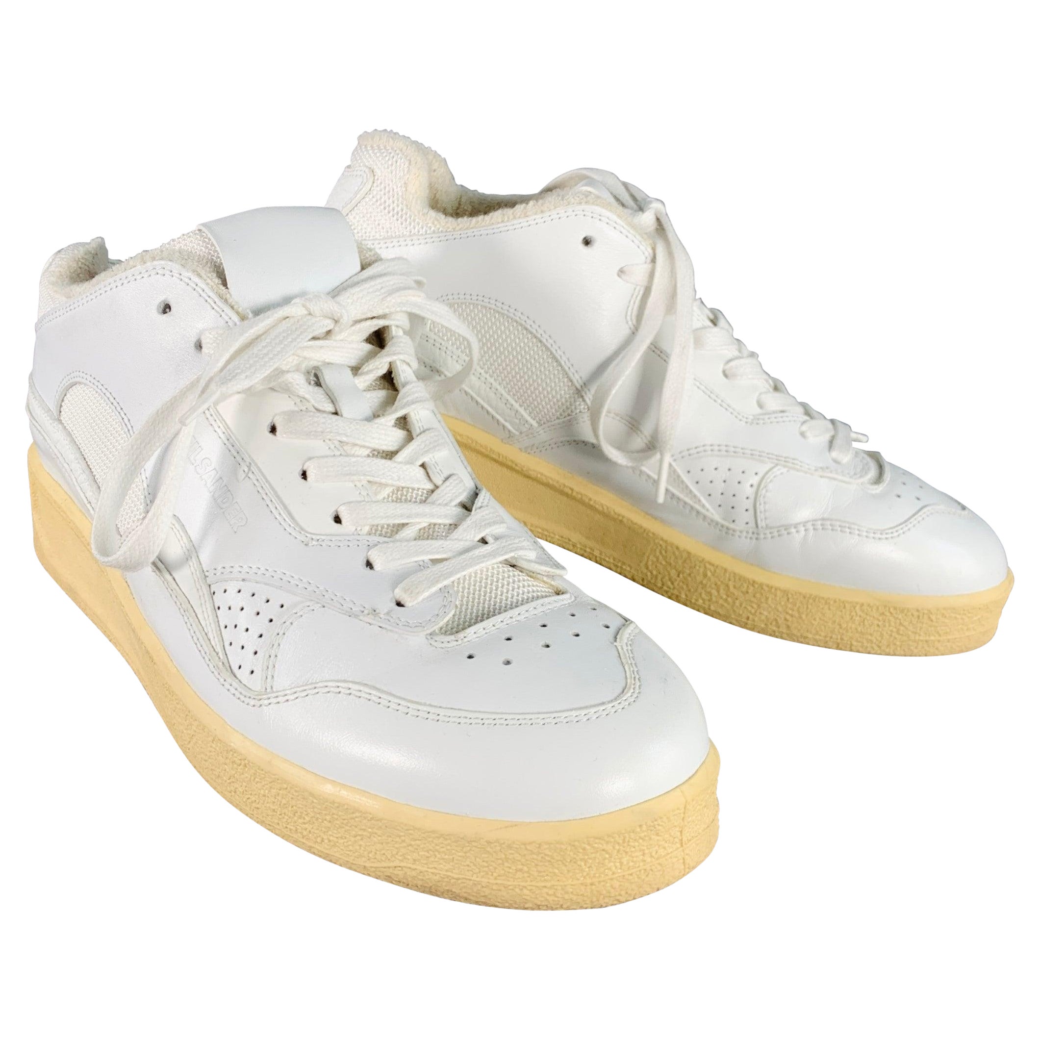 JIL SANDER Size 10 White Leather Rubber Sole Lace-Up Low Top Sneakers For Sale