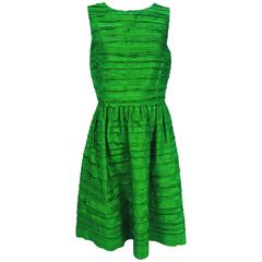 Oscar de la Renta grass green silk layered ribbon dress