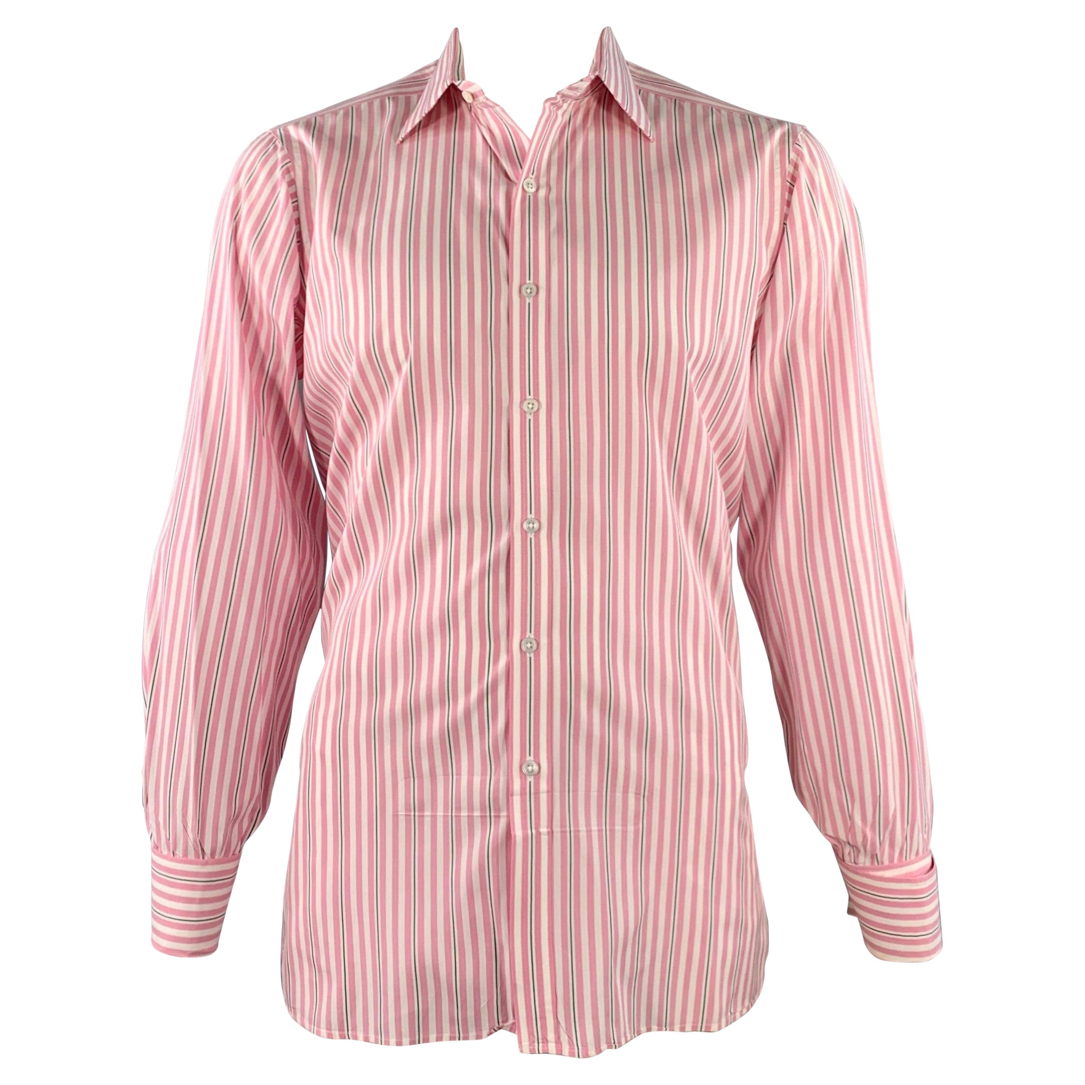 TURNBULL & ASSER Vintage Größe L Rosa Weiß gestreift Baumwolle Französisch Manschette Langarmhemd im Angebot