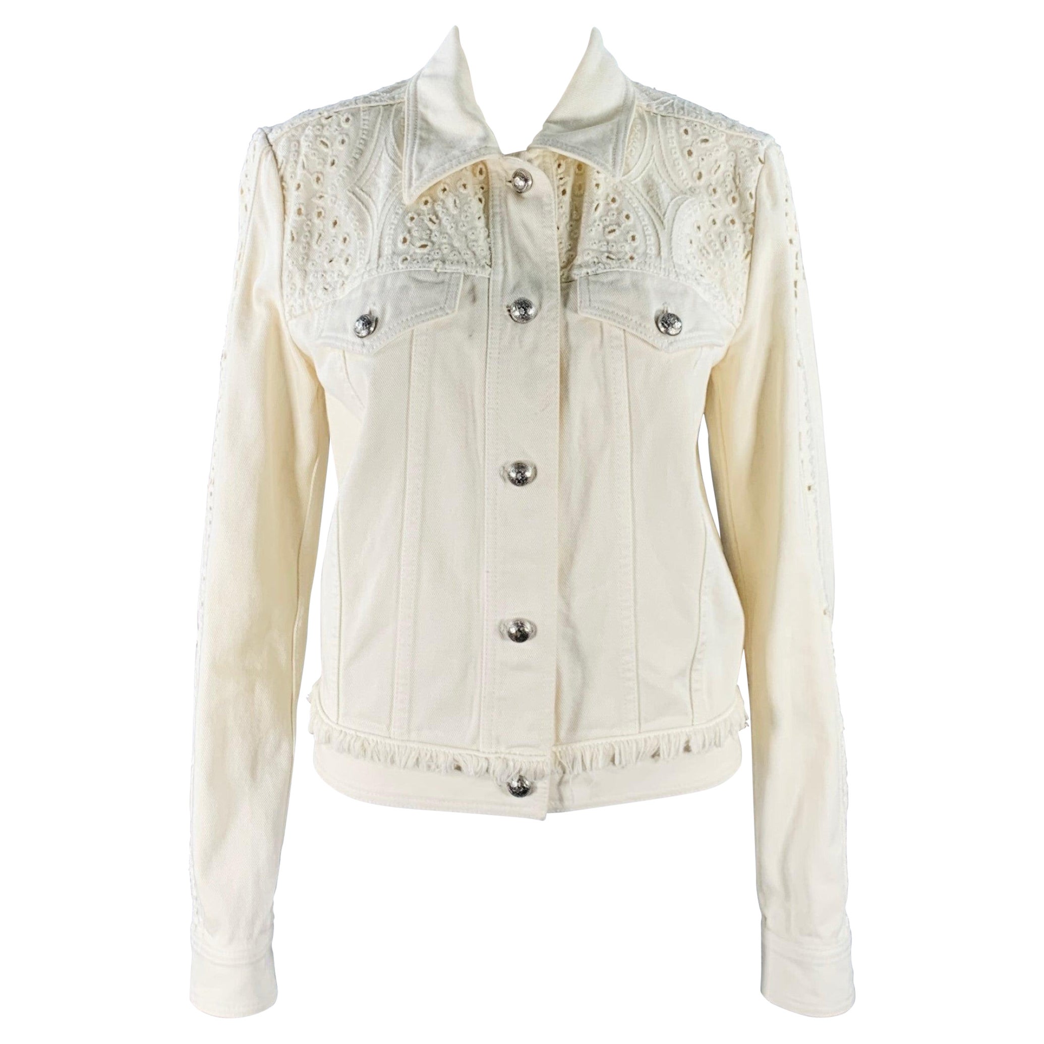 ETRO Size M Cream Eyelet Denim Fringe Trucker Jacket Blazer For Sale