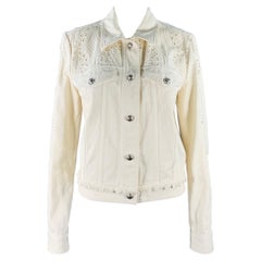 ETRO Size M Cream Eyelet Denim Fringe Trucker Jacket Blazer