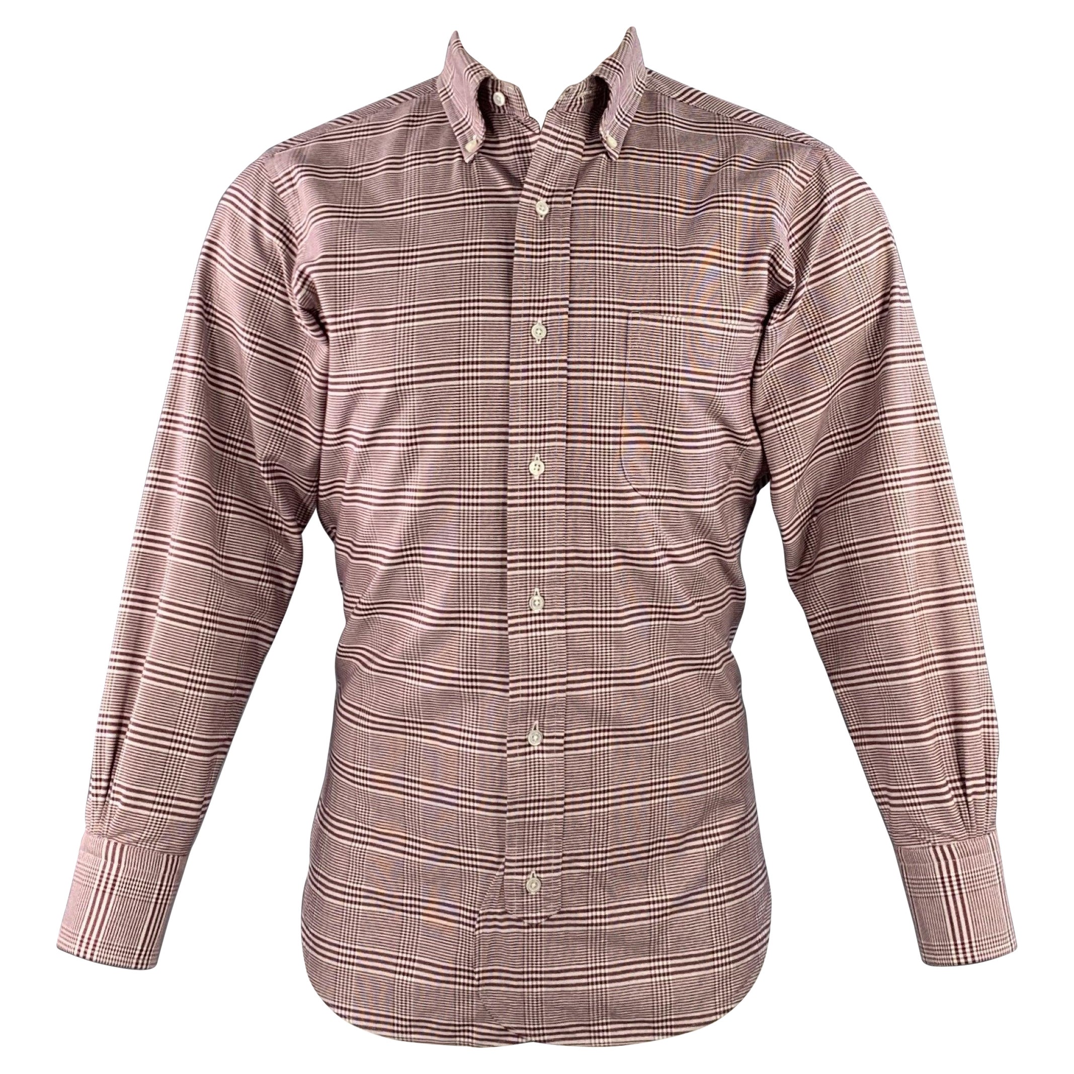 Black Fleece Size S Burgundy White Glenplaid Cotton One Pocket Long Sleeve Shirt en vente