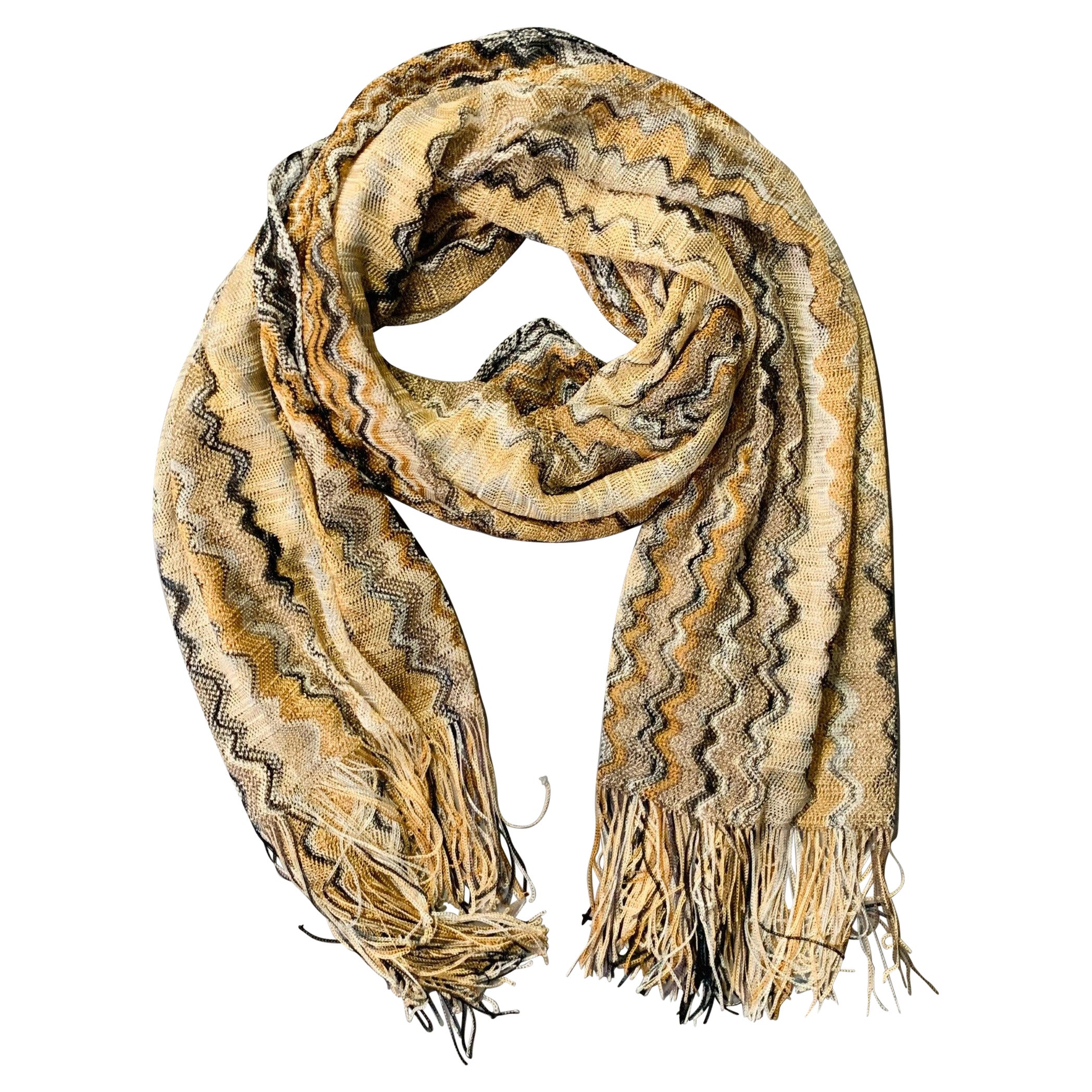 Missoni Beige Scialle con frangia in maglia di viscosa multi colore Zig Zag in vendita