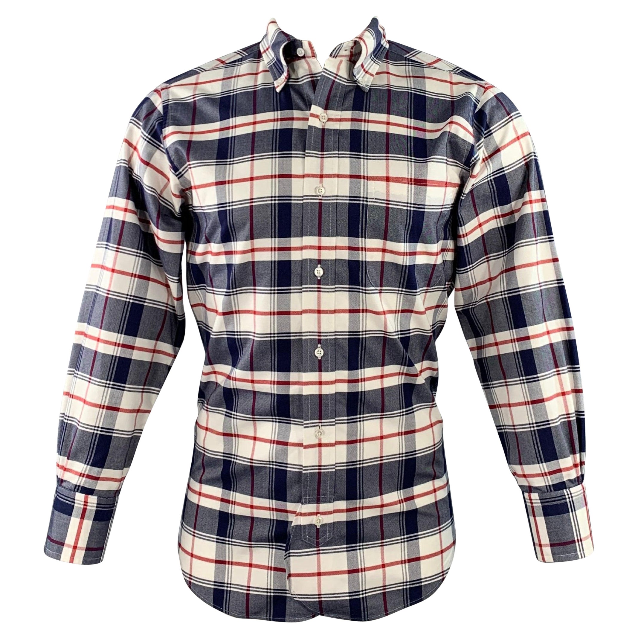 Black Fleece Size S White Navy Red Plaid Cotton One Pocket Long Sleeve Shirt en vente