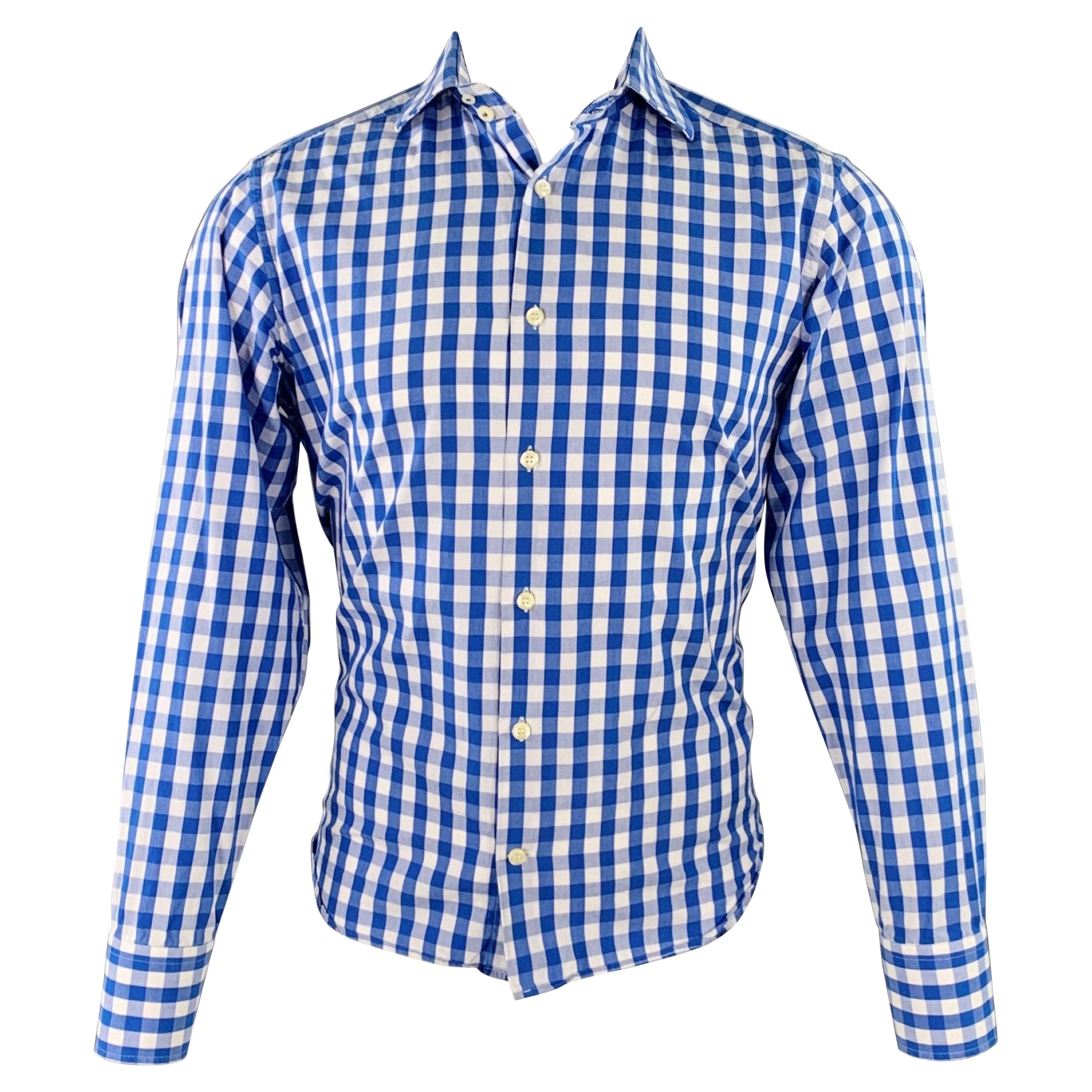 EREDI PISANO Taglia S Camicia a maniche lunghe in cotone a quadretti blu e bianchi con colletto aperto in vendita
