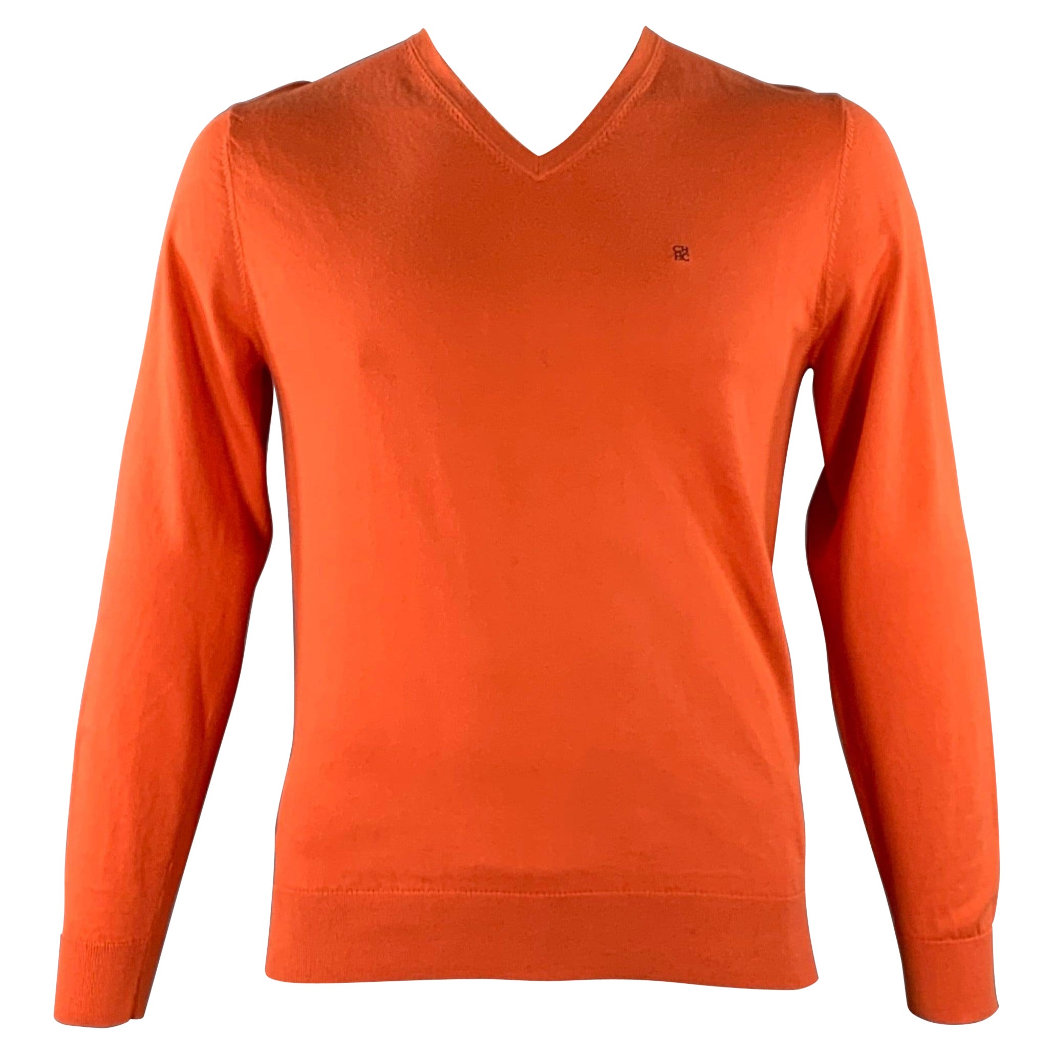 CAROLINA HERRERA Size M Orange Cotton V-Neck Pullover For Sale