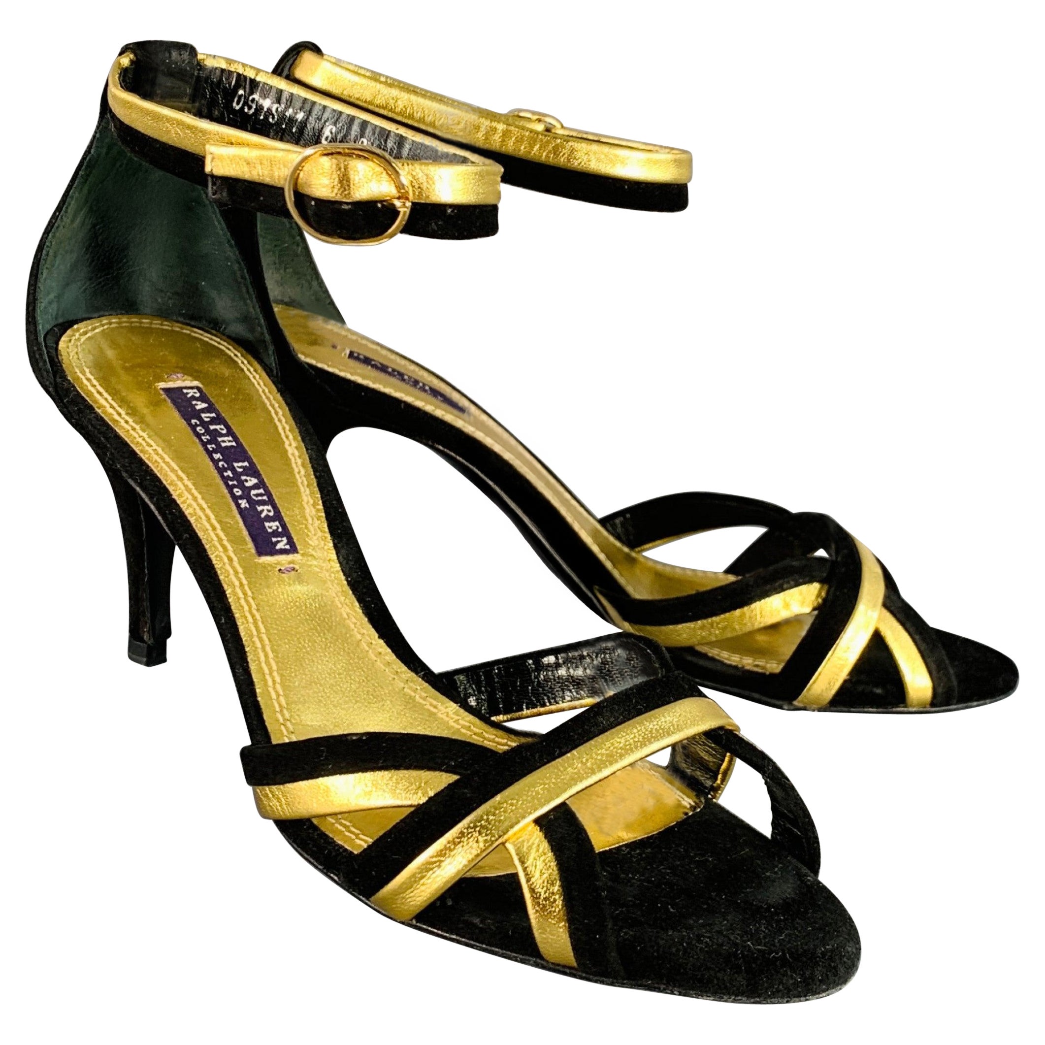 RALPH LAUREN COLLECTION Size 6 Black Metallic Gold Suede Leather Strappy Ankle Strap Sandals For Sale