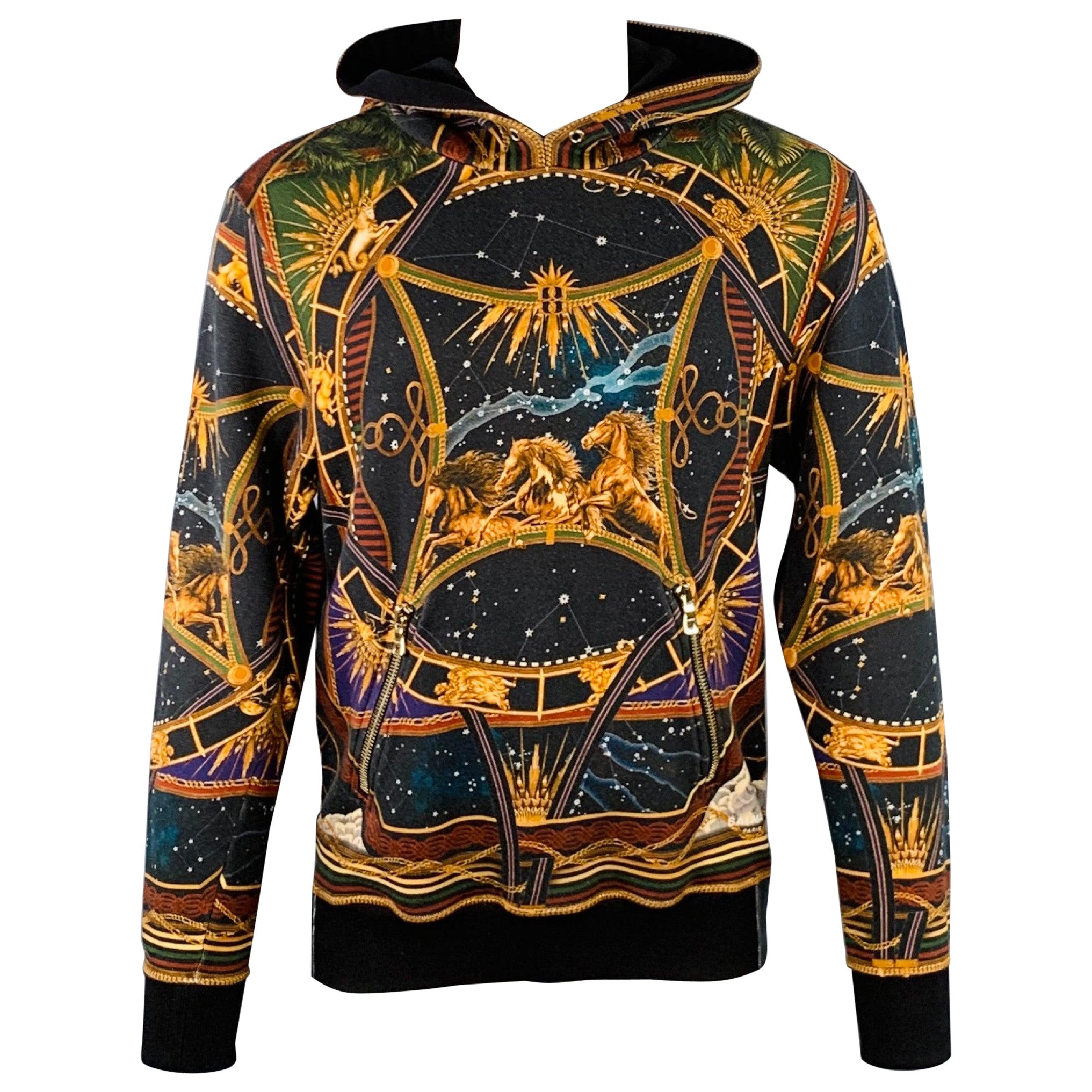 Balmain Size M Black Zodiac Horse Print Multi Color Astrology Cotton Hooded Sweatshirt