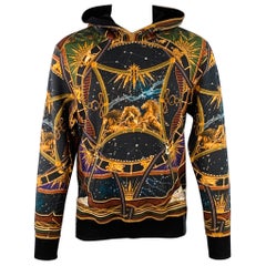 BALMAIN Size M Black Zodiac Horse Print Multi Color Astrology Cotton Hooded Sweatshirt