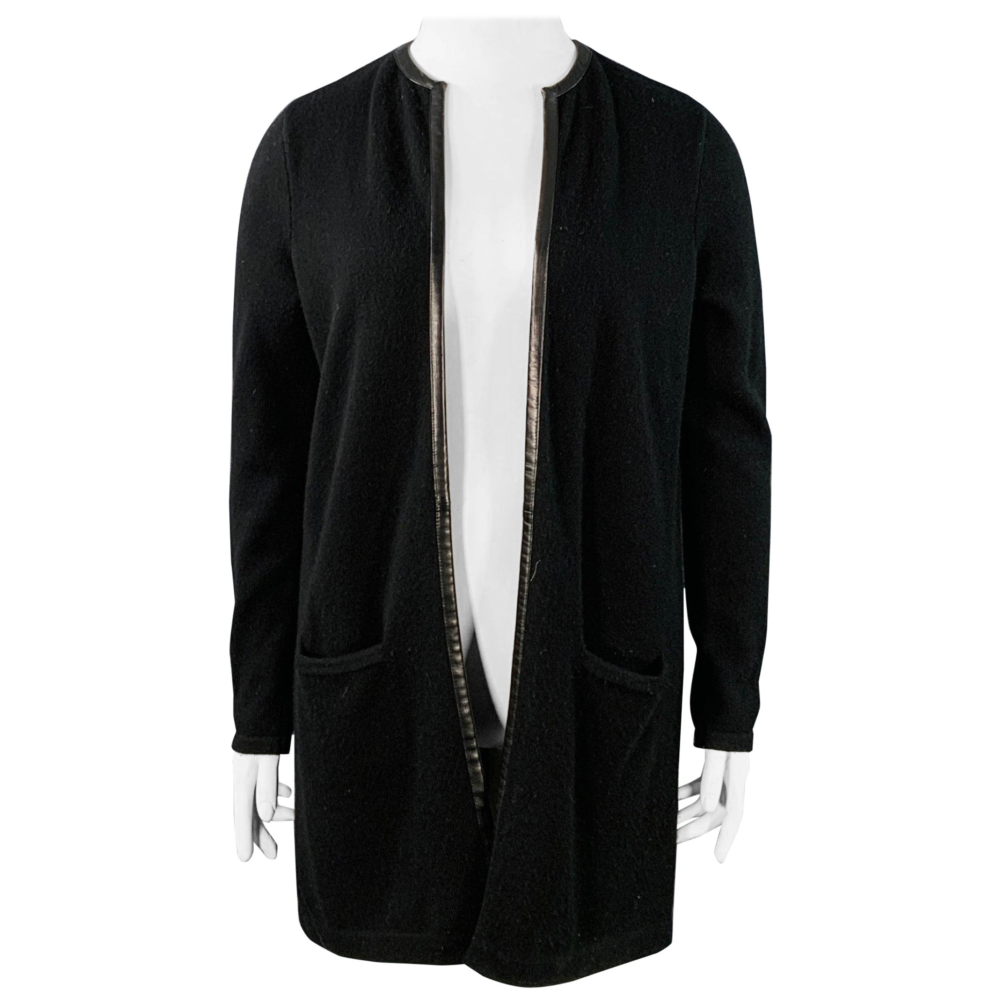 RALPH LAUREN Size L Black Cashmere Lambskin Trim Open Front Cardigan For Sale