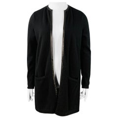 RALPH LAUREN Size L Black Cashmere Lambskin Trim Open Front Cardigan